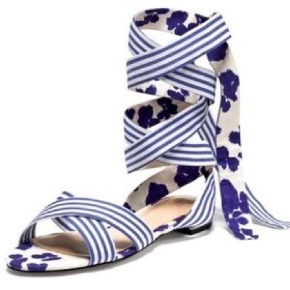 Cabi Tied Up Sandals 10 blue white striped floral ankle wrap